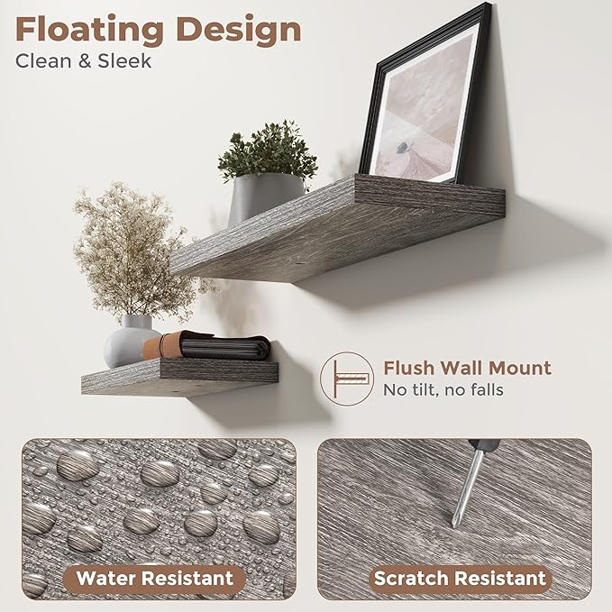 30 Inch Floating Shelves for Wall Set of 2, 8"D Wood Grain Bathroom Shelves with Invisible Brackets, Easy Install Engineered Wood Storage Shelves for Kitchen, Living Room, Bedroom, Grey Oak Finish