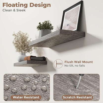 16 Inch Floating Shelves for Wall Set of 2, 8"D Wood Grain Bathroom Shelves with Invisible Brackets, Easy Install Engineered Wood Storage Shelves for Kitchen, Living Room, Bedroom, Grey Oak Finish