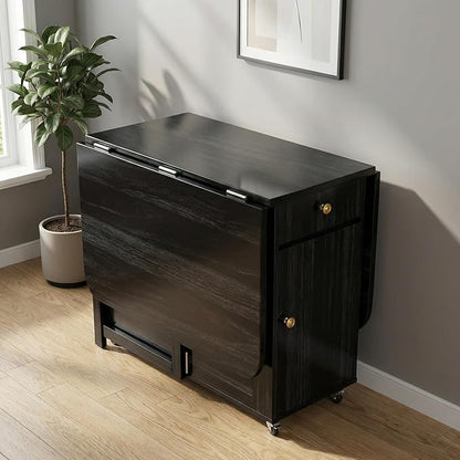 Small Folding Dining Table - 59" Fully Assembled Drop Leaf Table 4-6 Seater with Storage and Lockable Wheels, Space-Saving for Kitchen or Dining Room (Black)