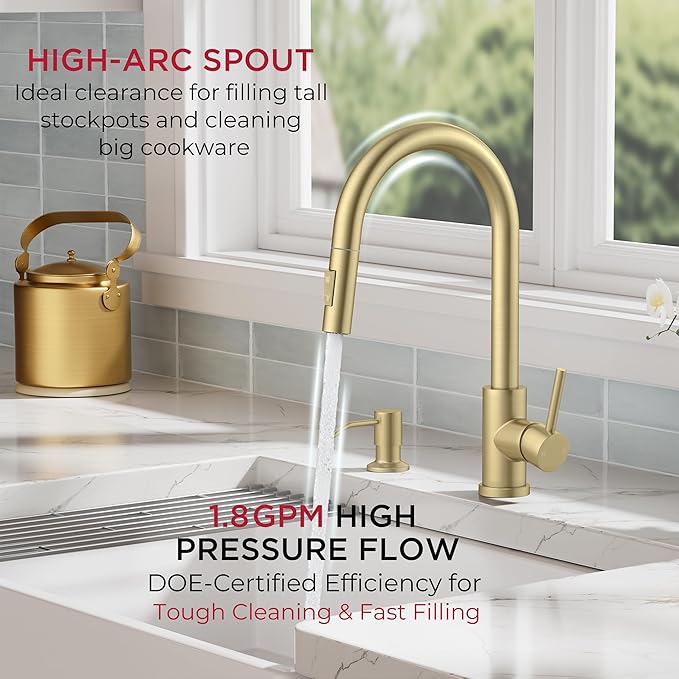 FORIOUS Gold Kitchen Faucet with Pull Down Sprayer, Classic Single Hole Kitchen Sink Faucet with Deck Plate, Single Handle, High Arc Stainless Steel, Fit for RV Bar Farmhouse Laundry Outdoor