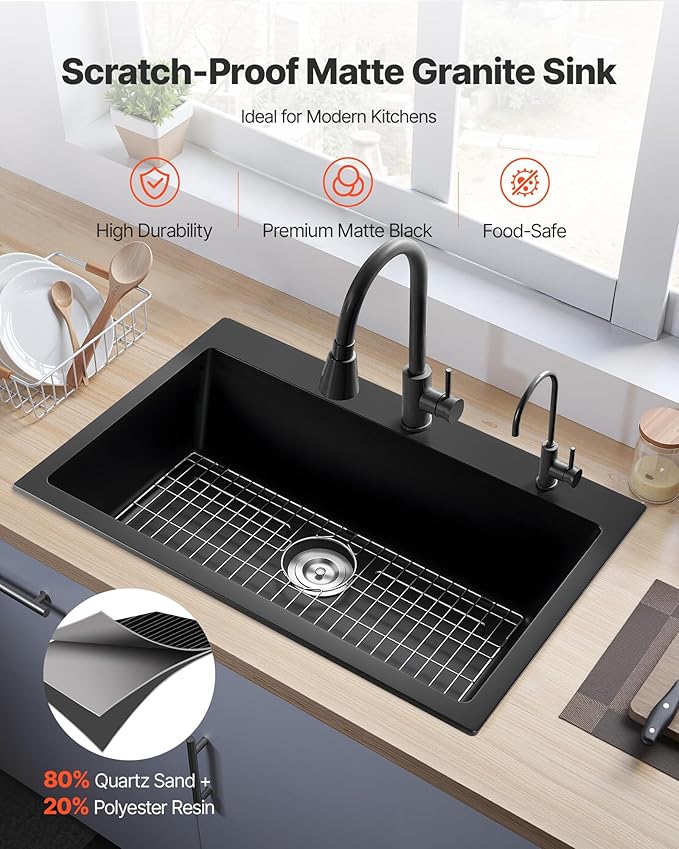 VEVOR 33 inch Kitchen Sink Workstation, Top Mount Granite Sinks, Drop-In Single Bowl Farmhouse Basin with Multiple Accessories, Household Dishwasher Sinks (22"D x 33"W x 9"H)