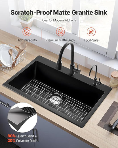 VEVOR 33 inch Kitchen Sink Workstation, Top Mount Granite Sinks, Drop-In Single Bowl Farmhouse Basin with Multiple Accessories, Household Dishwasher Sinks (22"D x 33"W x 9"H)