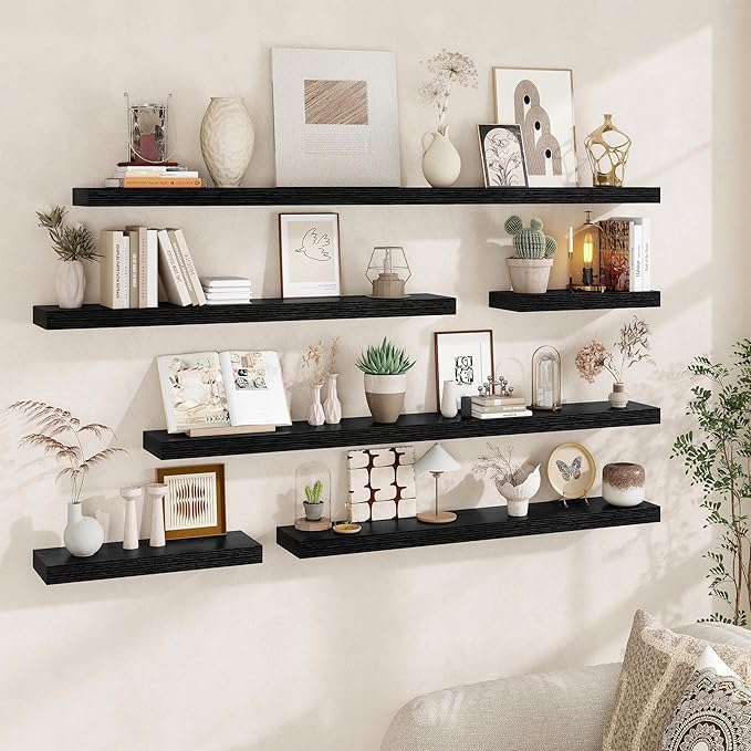 Fun Memories Floating Shelves for Wall, 55Inch Floating Shelves Set of 2, Hanging Shelf with Invisible Brackets, Wood Shelves for Living Room, Bedroom, Kitchen, Black
