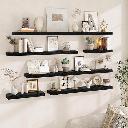Fun Memories 55 Inch Fireplace Mantel Shelf -Long Floating Shelf, Wall Mounted Farmhouse Display Shelf with Invisible Heavy Duty Metal Bracket, Black