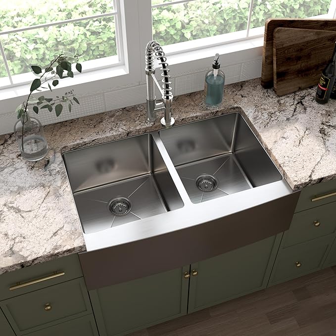 MSI 33 inch Undermount 50/50 Double Bowl Farmhouse Apron Stainless Steel Kitchen Sink and Strainer, 16 Gauge