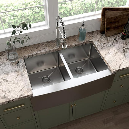 MSI 33 inch Undermount 50/50 Double Bowl Farmhouse Apron Stainless Steel Kitchen Sink and Strainer, 16 Gauge