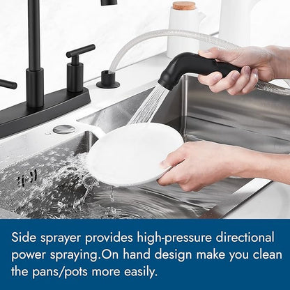 Kitchen Faucets, High Arc 360°Rotating Spout Kitchen Sink Faucet, 2 Handle 8 Inch Centerset RV Kitchen Faucet with Supply Lines, 3 or 4 Hole Kitchen Faucet with Side Sprayer, Matte Black