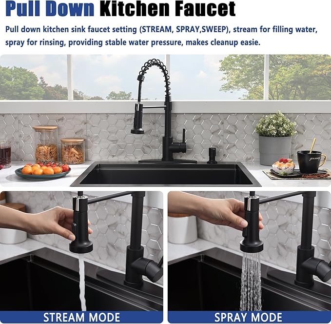 25x22 Black Drop In Kitchen Sink with Faucet Combo - 25 Inch Stainless Steel Workstation Kitchen Sink and Faucet Combo Set, Single Bowl Drop In Sinks Black with Accessories