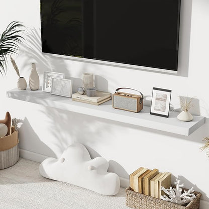 Fun Memories 55 Inch Long Floating Shelves for Wall, 8" Deep Floating Shelves for Bathroom Living Room Bedroom, Rustic Wall Mounted Shelf with Invisible Heavy-Duty Bracket, Set of 2, White