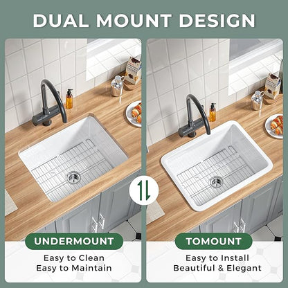 White Fireclay Undermount KItchen Sink 24 Inch, Single Bowl Small Topmount White Undermount Laundry Sink 24''x19''x11'' Drop In, Heavy Duty Deep Basin, Dual Mount, for Kitchen, Island, Laundry