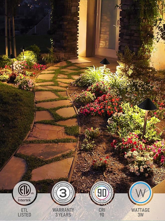 LEONLITE 12-Pack LED Low Voltage Landscape Path Light, 3W 12-24V AC/DC, Pathway Lighting Wired, Outdoor Light for Yard Lawn, ETL CRI90+ Unique Vintage Golden Edge, Black Aluminum, 3000K Warm White