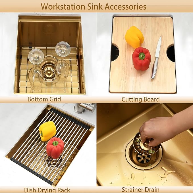 13 Inch Undermount Gold Bar Sink Workstation,13x18 Bar Sink Undermount Gold Stainless Steel Small Kitchen Sinks 18 Gauge Single Bowl Kitchen Wet Bar Sinks with Accessories