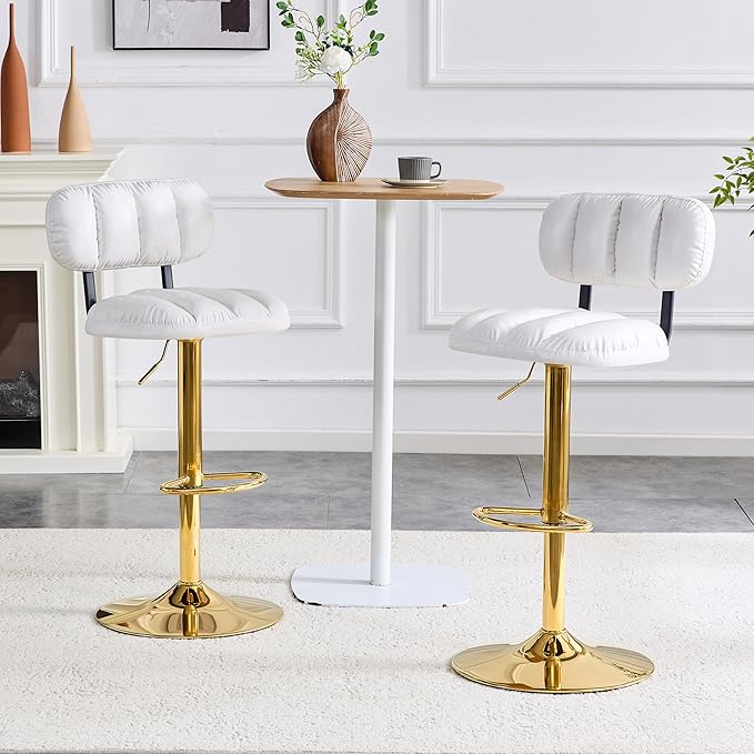 Set of 2 Adjustable Height Bar Stools, White PU Leather Upholstered Seating with Gold Metal Base Footrest, Stools for Kitchen Island, Home Bar, Living Room