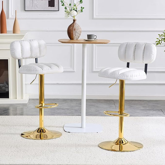 Set of 2 Adjustable Height Bar Stools, White PU Leather Upholstered Seating with Gold Metal Base Footrest, Stools for Kitchen Island, Home Bar, Living Room
