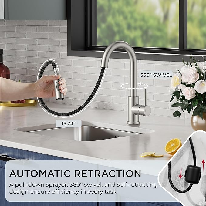 FORIOUS Bar Sink Faucet for Kitchen Sink, Modern Single Handle Kitchen Faucet with Pull Down Sprayer, Brushed Nickel Stainless Steel High Arc with Deck Plate for 1 or 3 Hole, Suitable for Bathroom RV