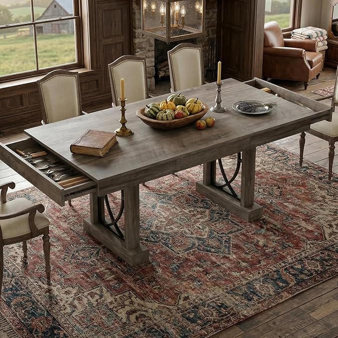 Garvee 71-Inch Wooden Kitchen Table with Two Drawers, Large Dining Table for 6-8 w/Large Tabletop & Sturdy Frame, Rectangular Dining Table with Double Pedestal, for Kitchen, Dinner
