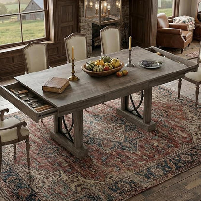Garvee 71-Inch Wooden Kitchen Table with Two Drawers, Large Dining Table for 6-8 w/Large Tabletop & Sturdy Frame, Rectangular Dining Table with Double Pedestal, for Kitchen, Dinner