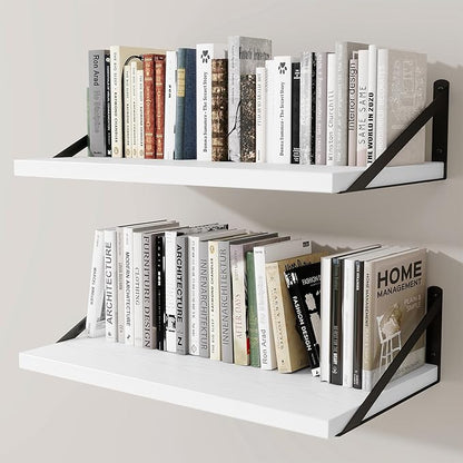 Deep Wall Shelves 24"W x 12"D Engineered Wood Floating Shelves for Wall, Sturdy Metal Bracket Bookshelves Home Decor Storage for Living Room Bedroom Bathroom Kitchen, Set of 2, White Finish