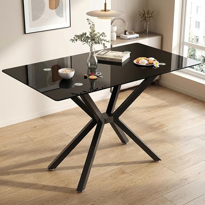 47.24" Rectangular Glass Dining Table, Tempered Glass Small Kitchen Table with Metal Tubular Legs, Stylish and Sturdy Black Dinner Table for Home and Outdoor