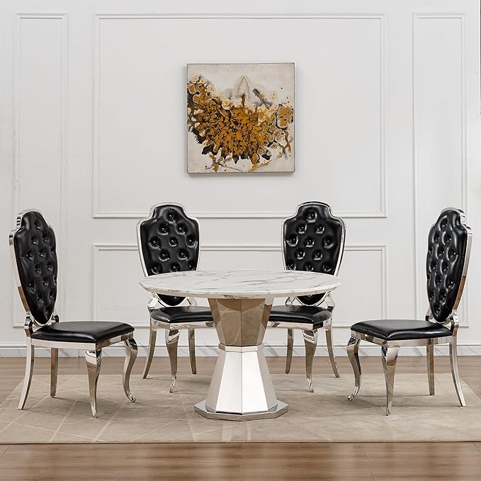 47" Round Marble Dining Table for 4-6, Luxury Modern Kitchen Table with Marble Grain MDF tabletop & Silver Mirrored Stainless Steel Pedestal Base, White Stone Dinner Table for Dining Room (Table Only)