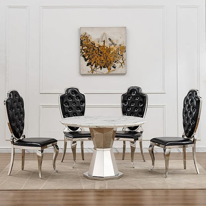 47" Round Marble Dining Table for 4-6, Luxury Modern Kitchen Table with Marble Grain MDF tabletop & Silver Mirrored Stainless Steel Pedestal Base, White Stone Dinner Table for Dining Room (Table Only)