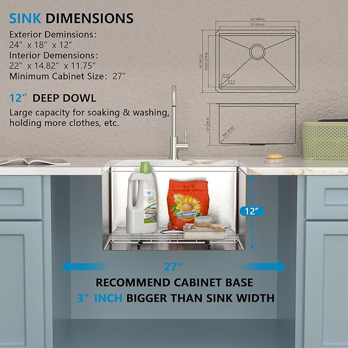 24"x18" Undermount Laundry Utility Sink Workstation – 16 Gauge 304 Stainless Steel, 12 Inch Deep Single Bowl Under Counter Sink Basin for Laundry Room, RV or Utility Use