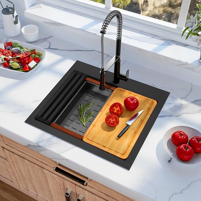25 Inch Drop In Black Kitchen Sink,16 Gauge 304 Stainless Steel Kitchen Sink Single Bowl, 25" x 22" x 9" Ledge Workstation Sinks With All Accessories, Multi-Functional Workstation Sinks