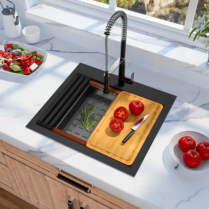 25 Inch Drop In Black Kitchen Sink,16 Gauge 304 Stainless Steel Kitchen Sink Single Bowl, 25" x 22" x 9" Ledge Workstation Sinks With All Accessories, Multi-Functional Workstation Sinks