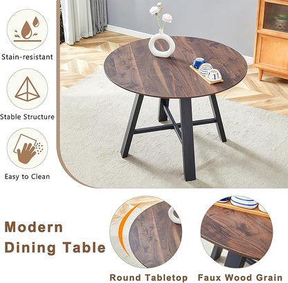 Round Dining Table Set for 4 People, 42 Inch Diameter with Dark Walnut Textured MDF Top and Black Metal Legs, Includes Brown Technology-Fabric Chairs for Kitchen and Dining Room