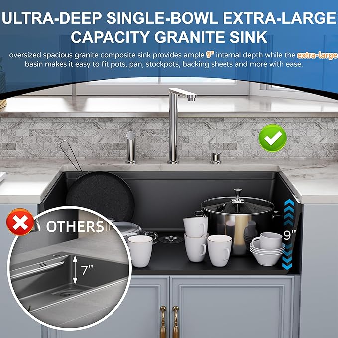 33 Black Granite Composite Kitchen Sink, Hugsleek Undermount Granite Sink Quartz 33x19 inch Workstation Ledge Under Counter Mount Single Bowl Sinks Basin With Black & Gold Sinks Accessories