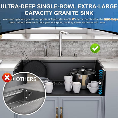 33 Black Granite Composite Kitchen Sink, Hugsleek Undermount Granite Sink Quartz 33x19 inch Workstation Ledge Under Counter Mount Single Bowl Sinks Basin With Black & Gold Sinks Accessories