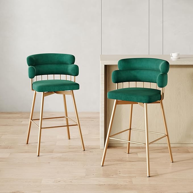 26" Counter Height Bar Stools Set of 2, 180° Swivel Upholstered Bar stools with Backs and Metal Legs, Bar Stools for Kitchen Island, Cafe, Pub,Green