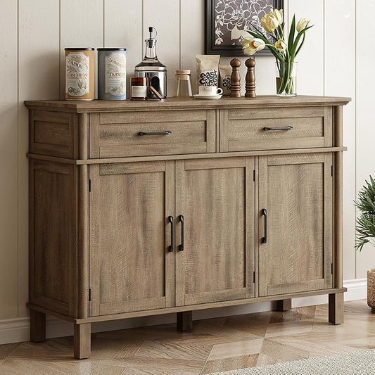 48 Inches Buffet Cabinet with Storage, Farmhouse Sideboard Buffet w/2 Drawers and 3 Doors, Wood Coffee Bar Cabinet with Adjustable Shelves, Sideboard Storage for Kitchen, Living Room, Washed Grey