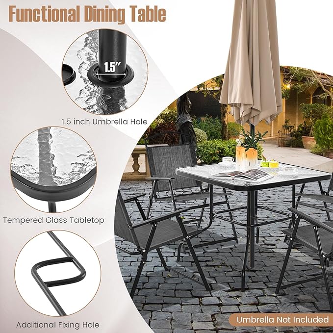 Giantex 34 Inch Outdoor Dining Table, Square Tempered Glass Table w/ 1.5” Umbrella Hole, Rustproof Metal Frame, Patio Dining Table for Balcony, Porch, Garden