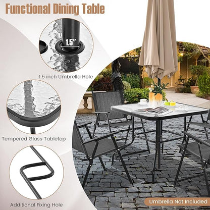 Giantex 34 Inch Outdoor Dining Table, Square Tempered Glass Table w/ 1.5” Umbrella Hole, Rustproof Metal Frame, Patio Dining Table for Balcony, Porch, Garden
