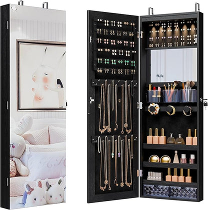 Unisakey Mirror Jewelry Cabinet,Lockable Wall or Door Mounted Jewelry Armoire Organizer With Built-up Mirror,LED Lights, Drawers,Cosmetic Trays,Shelves, 14.4"x3.15"x 43.1"（Black）