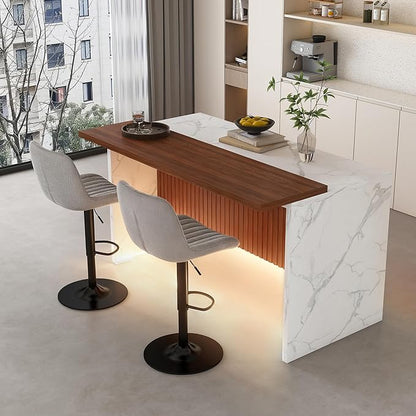 Runboll 63" Large Island Table Set with 2 Bar Stools, Modern Faux Marble Dining Table Set with Multi-Color LED Lights, Kitchen Island with Grille Design for Dining Room, Home, Office, Living Room