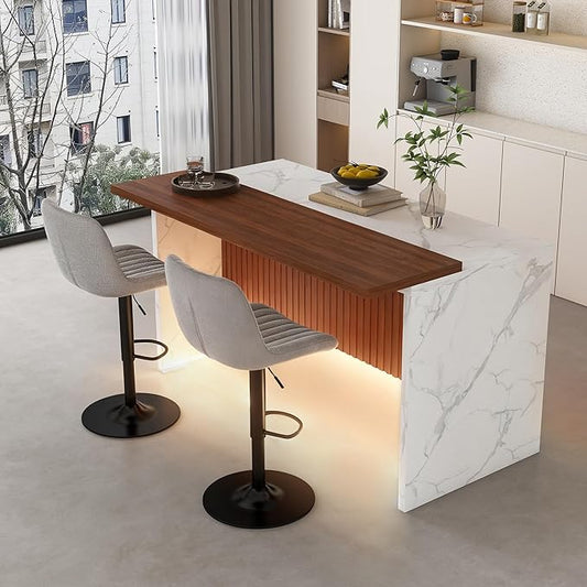 Runboll 63" Large Island Table Set with 2 Bar Stools, Modern Faux Marble Dining Table Set with Multi-Color LED Lights, Kitchen Island with Grille Design for Dining Room, Home, Office, Living Room