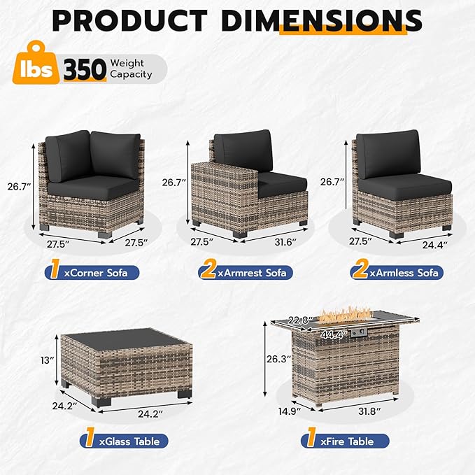 Patio Furniture Set, Wide Armrest Outdoor Furniture Set with 44" Fire Pit Table Thick Cushions, 7 Piece Wicker Rattan Patio Sectional Sofa for Backyard, Poolside, Garden