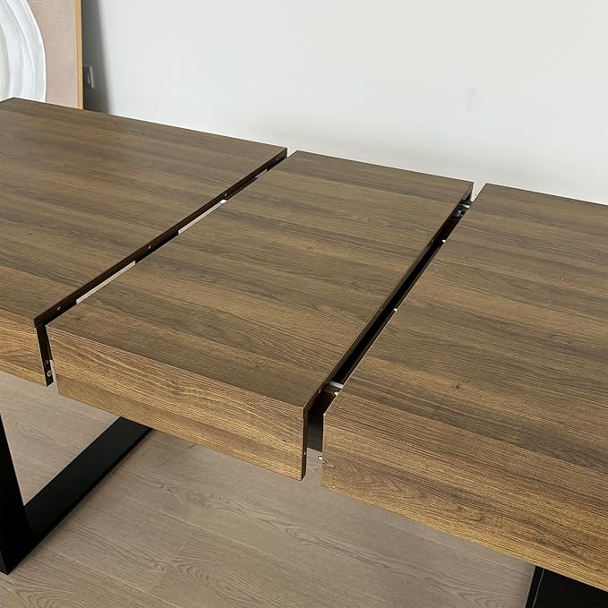 63" - 79" Extendable Dining Room Table, Expandable Kitchen Table for 6 to 10 People, Modern Wood Conference Table, Large Farmhouse Dining Table(Brown & Black, Double-U Base)