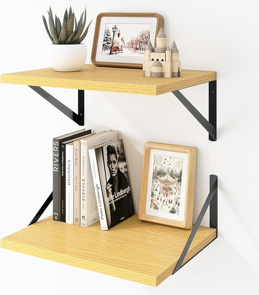 Acovy Deep Floating Shelves Wall Mounted, 16"x12" Oak Wall Shelves with Brackets Set of 2 for Bedroom, Living Room, Bathroom, Kitchen, Office - Storage & Display Shelf for Decor, Books, Plants
