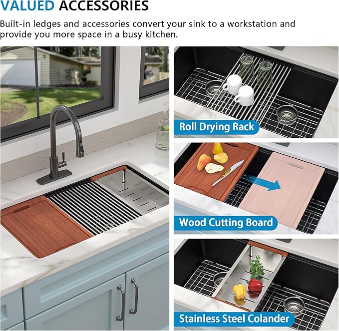 33 Granite Composite Kitchen Sink Double Bowl - Fulorni 33"x19" Granite Kitchen Sink Ledge Workstation Undermount Double Bowl 50/50 Matte Black Quartz Classic Under Counter Basin