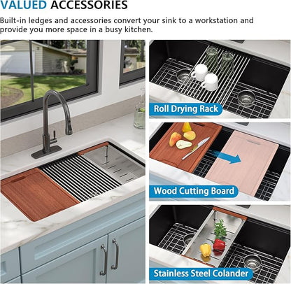 33 Granite Composite Kitchen Sink Double Bowl - Fulorni 33"x19" Granite Kitchen Sink Ledge Workstation Undermount Double Bowl 50/50 Matte Black Quartz Classic Under Counter Basin