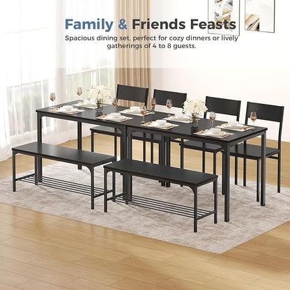 DUMOS Dining Table, Dining Table Set for 4 with Bench, Easy to Assemble Kitchen Table, Space-Saving Ideal 4-Person Set for Dining Room Kitchen Apartment Corner Dark Black 4 Pack
