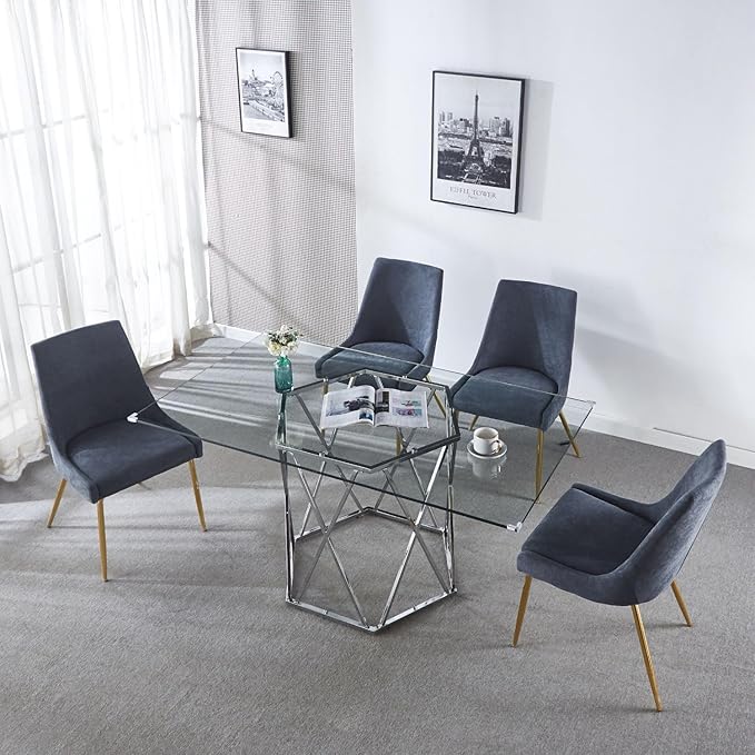 AXIOS 63 Inch Rectangle Glass Dining Table Tempered Glass Tabletop and Hexagonal Metal Base Design 63" Lx35.5 Wx30 H Modern Table Kitchen Table for 4-6 Home Kitchen, Dining Room (Silver)