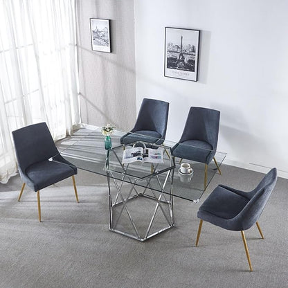 AXIOS 63 Inch Rectangle Glass Dining Table Tempered Glass Tabletop and Hexagonal Metal Base Design 63" Lx35.5 Wx30 H Modern Table Kitchen Table for 4-6 Home Kitchen, Dining Room (Silver)