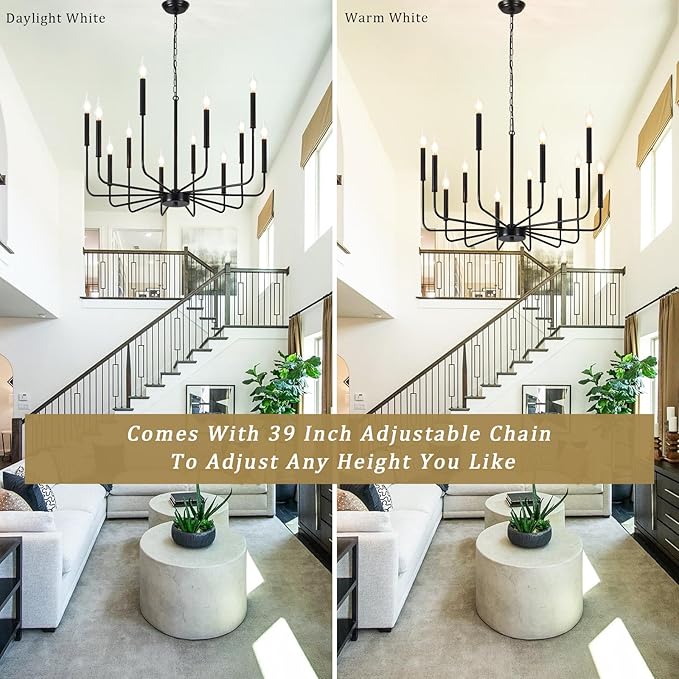 Modern Farmhouse Chandelier 12 Lights Large Black Chandeliers for Dining Room Light Fixture Rustic Pendant Lighting Fixtures Ceiling Candle Chandeliers for Living Room Kitchen Foyer Bedroom Hallway