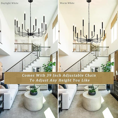 Modern Farmhouse Chandelier 12 Lights Large Black Chandeliers for Dining Room Light Fixture Rustic Pendant Lighting Fixtures Ceiling Candle Chandeliers for Living Room Kitchen Foyer Bedroom Hallway