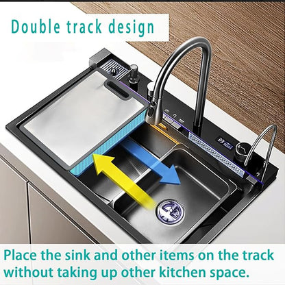 Sinks Countertop or Embedded Single Bowl Stainless Steel Kitchen Sink with Drain basket, cutting board, vegetable sink, multi-function pull-out faucet set (Black, 29.5x18x9 In)