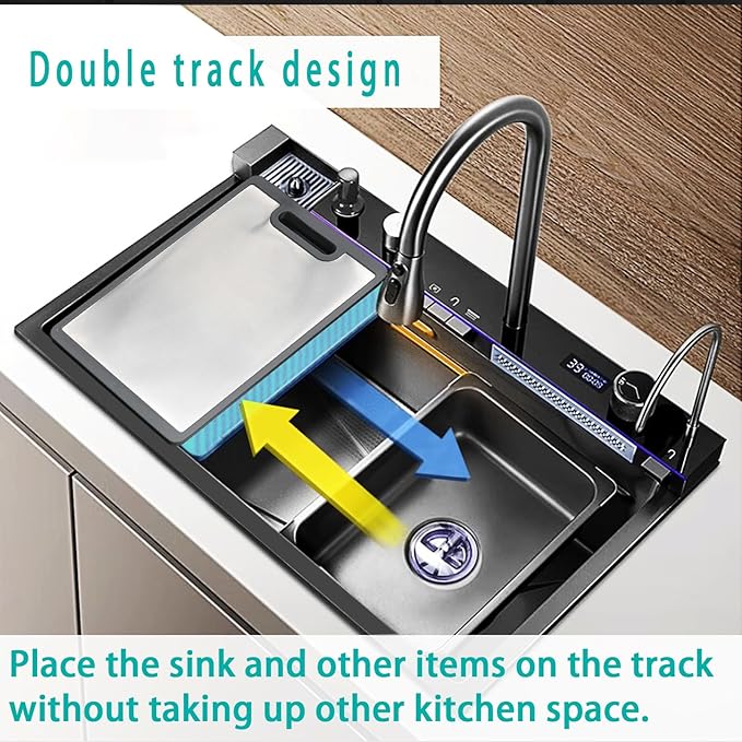 Sinks Countertop or Embedded Single Bowl Stainless Steel Kitchen Sink with Drain basket, cutting board, vegetable sink, multi-function pull-out faucet set (Black, 31.5x18x9 In)